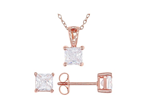 White Cubic Zirconia 18K Rose Gold Over Sterling Silver Pendant With Chain And Earrings 3.12ctw