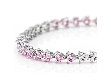 Pink And White Cubic Zirconia Rhodium Over Sterling Silver Heart Tennis Bracelet 14.39ctw