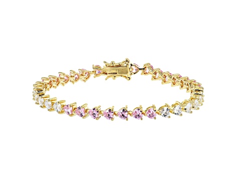 Pink And White Cubic Zirconia 18K Yellow Gold Over Sterling Silver Heart Tennis Bracelet 14.39ctw