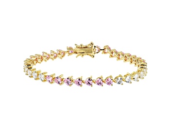 Picture of Pink And White Cubic Zirconia 18K Yellow Gold Over Sterling Silver Heart Tennis Bracelet 14.39ctw