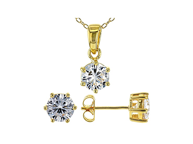 White Cubic Zirconia 18K Yellow Gold Over Sterling Silver Pendant With Chain and Earrings 4.05ctw