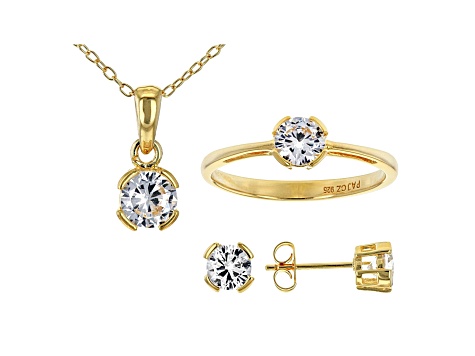 White Cubic Zirconia 18K Yellow Gold Over Silver Pendant With Chain, Ring And Earrings 3.24ctw
