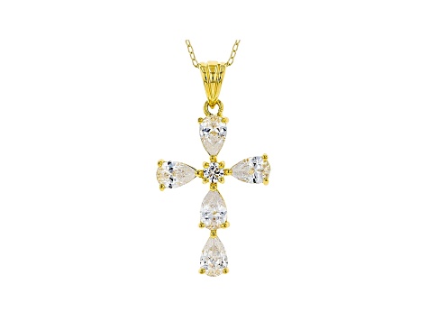 White Cubic Zirconia 18K Yellow Gold Over Sterling Silver Cross Pendant With Chain 3.18ctw