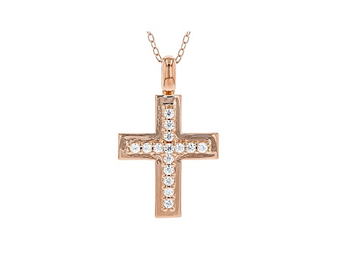 White Cubic Zirconia 18K Rose Gold Over Sterling Silver Cross Pendant With Chain 0.40ctw