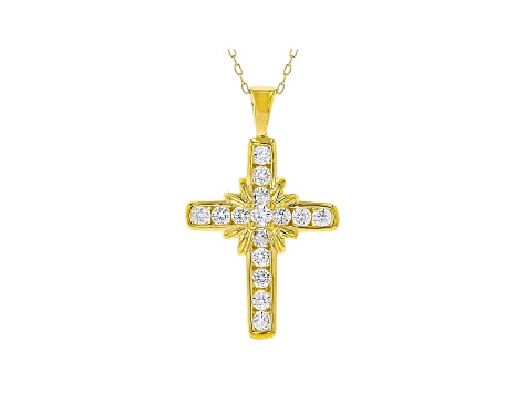 White Cubic Zirconia 18K Yellow Gold Over Sterling Silver Cross Pendant With Chain 1.23ctw