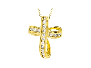 White Cubic Zirconia 18K Yellow Gold Over Sterling Silver Cross Pendant With Chain 0.72ctw