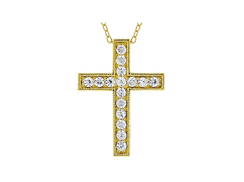 White Cubic Zirconia 18K Yellow Gold Over Sterling Silver Cross Pendant With Chain 0.66ctw