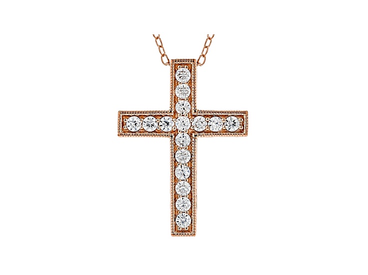 White Cubic Zirconia 18K Rose Gold Over Sterling Silver Cross Pendant With Chain 0.66ctw