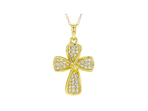 White Cubic Zirconia 18K Yellow Gold Over Sterling Silver Cross Pendant With Chain 0.65ctw
