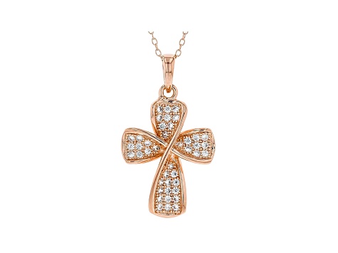 White Cubic Zirconia 18K Rose Gold Over Sterling Silver Cross Pendant With Chain 0.65ctw