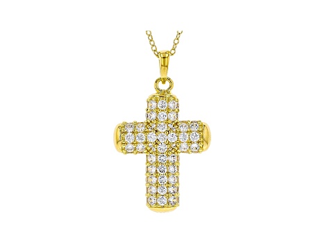 White Cubic Zirconia 18K Yellow Gold Over Sterling Silver Cross Pendant With Chain 3.58ctw