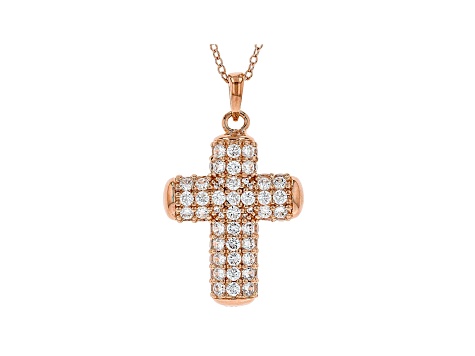 White Cubic Zirconia 18K Rose Gold Over Sterling Silver Cross Pendant With Chain 3.58ctw