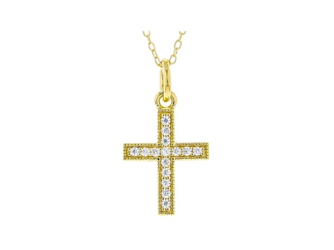 White Cubic Zirconia 18K Yellow Gold Over Sterling Silver Cross Pendant With Chain 0.23ctw