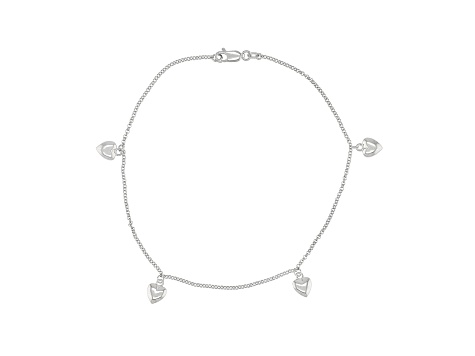 Rhodium Over Sterling Silver Heart Anklet.