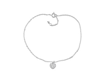 Picture of White Cubic Zirconia Rhodium Over Sterling Silver Heart Anklet 0.39ctw