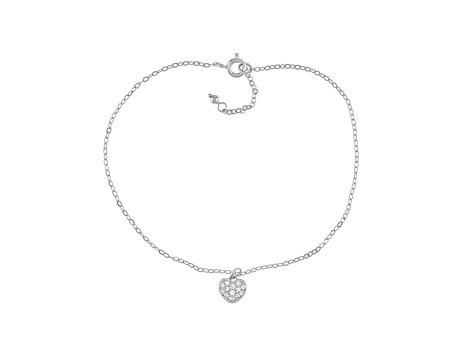 White Cubic Zirconia Rhodium Over Sterling Silver Heart Anklet 0.39ctw