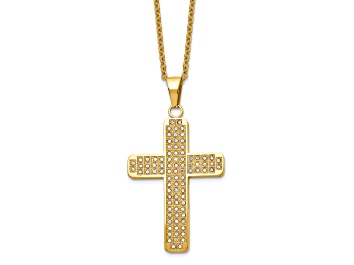 Picture of White Cubic Zirconia Gold Tone Stainless Steel Men's Cross Pendant With Chain