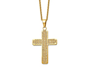 White Cubic Zirconia Gold Tone Stainless Steel Men's Cross Pendant With Chain