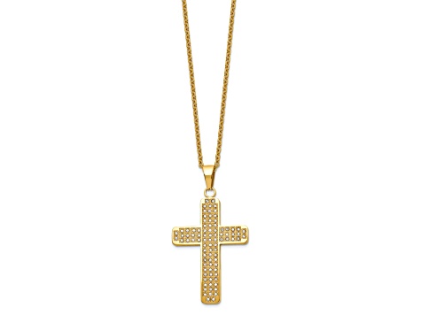 White Cubic Zirconia Gold Tone Stainless Steel Men's Cross Pendant With Chain