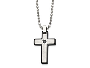 Black Cubic Zirconia Two-Tone Stainless Steel Men's Cross Pendant With Chain
