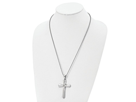 White Cubic Zirconia Stainless Steel Men's Cross Pendant With Chain