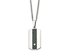 White Cubic Zirconia Two-Tone Stainless Steel Men's Dog Tag Pendant With Chain