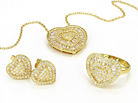 White Cubic Zirconia 18k Yg Over Sterling Silver Heart Jewelry Set 4.26ctw