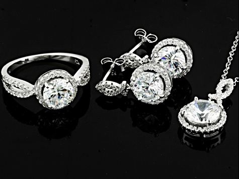 Cubic Zirconia Rhodium Over Sterling Silver Earrings, Ring And Pendant With Chain Set 11.42ctw