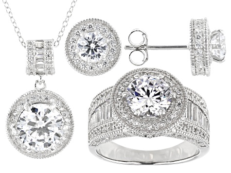 White Cubic Zirconia Rhodium Over Sterling Silver Jewelry Set 13.00ctw
