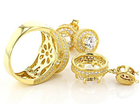 White Cubic Zirconia 18k Yellow Gold Over Sterling Silver Jewelery Set 13.00ctw