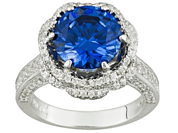 Picture of Blue And White Cubic Zirconia Rhodium Over Sterling Silver Ring 6.61ctw