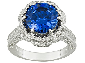 Blue And White Cubic Zirconia Rhodium Over Sterling Silver Ring 6.61ctw