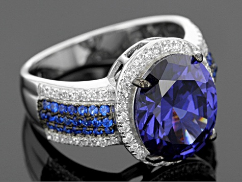 Blue And White Cubic Zirconia And Lab Created Blue Spinel Rhodium Over Silver Ring 7.92ctw