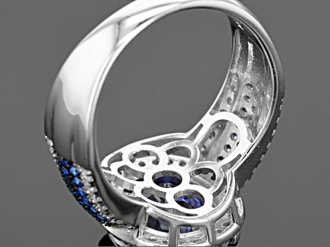 Blue And White Cubic Zirconia And Lab Created Blue Spinel Rhodium Over Silver Ring 7.92ctw