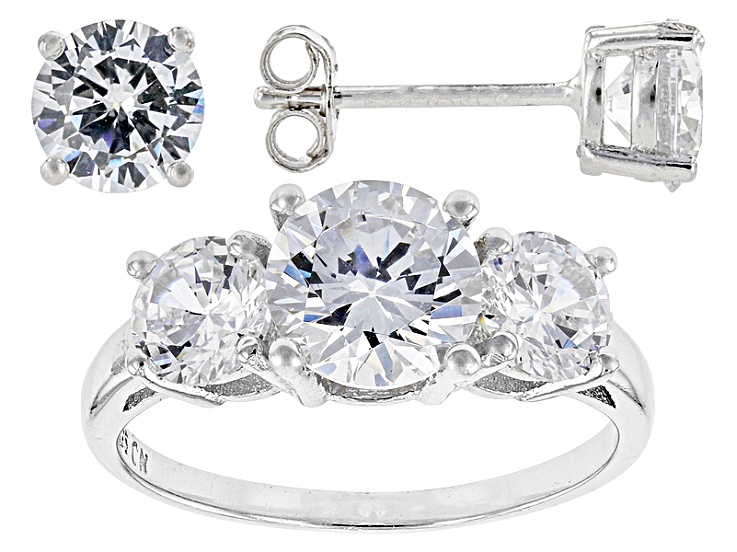 White Cubic Zirconia Rhodium Over Silver Ring And Earrings
