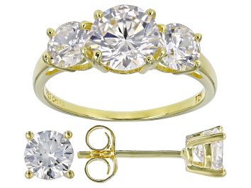 Picture of White Cubic Zirconia 18K Yellow Gold Over Silver Ring And Earrings 5.71ctw