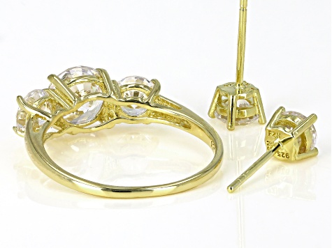 White Cubic Zirconia 18K Yellow Gold Over Silver Ring And