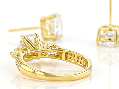 White Cubic Zirconia 18K Yellow Gold Over Silver Earrings And Ring 10.94ctw