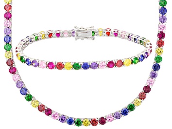 Picture of Blue/Purple/Pink/Red/Yellow Cubic Zirconia/green nanocrystal Rhodium Over Silver Bracelet 61.76ctw
