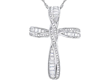 Picture of White Cubic Zirconia Rhodium Over Silver Cross Pendant With Chain 2.34ctw