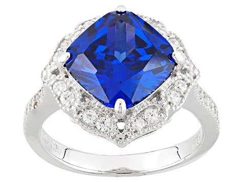 Blue And White Cubic Zirconia Rhodium Over Sterling Silver Ring 6.73ctw