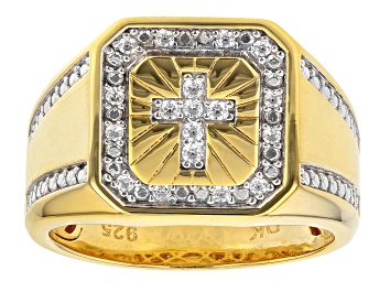 Picture of White Cubic Zirconia 18K Yellow Gold Over Sterling Silver Men's Cross Ring 0.37ctw