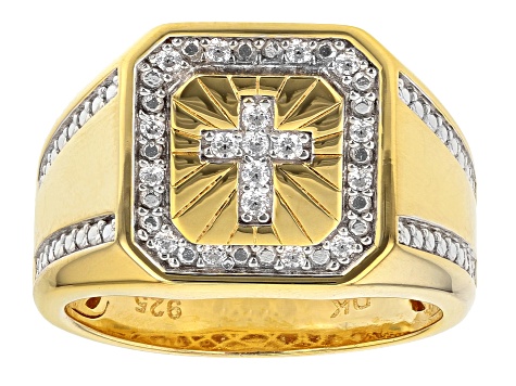 White Cubic Zirconia 18K Yellow Gold Over Sterling Silver Men's Cross Ring 0.37ctw