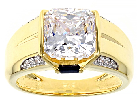 White Cubic Zirconia And Lab Created Blue Sapphire 18K Yellow Gold Over Sterling Silver Men's Ring