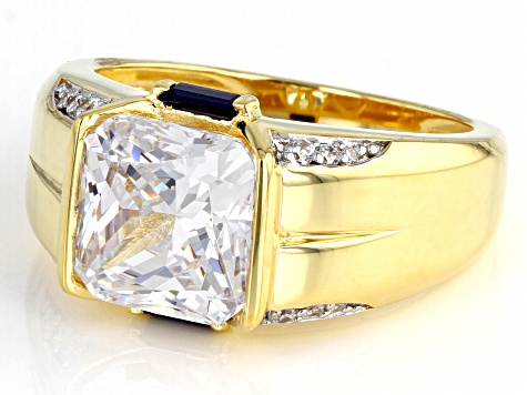 White Cubic Zirconia And Lab Created Blue Sapphire 18K Yellow Gold Over Sterling Silver Men's Ring