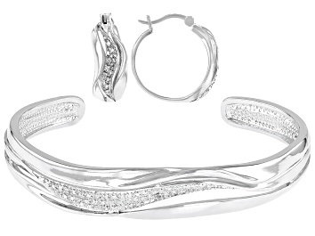 Picture of White Diamond Accent Rhodium Over Brass Cuff Bracelet And Hoop Earrings Set