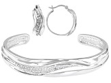 White Diamond Accent Rhodium Over Brass Cuff Bracelet And Hoop Earrings Set