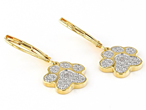 White Diamond Accent 14k Yellow Gold Over Bronze Paw Print Earrings