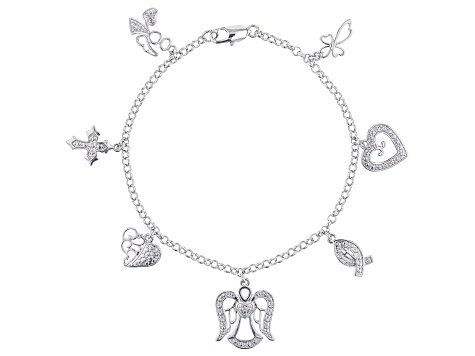 White Diamond Accent Rhodium Over Bronze Sentiment Charm Bracelet