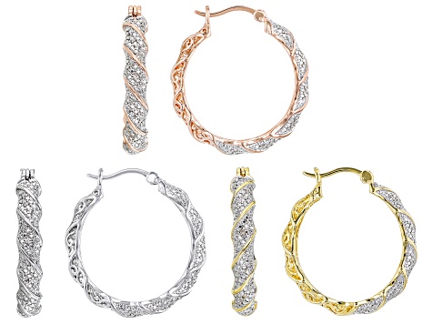 White Diamond Accent Rhodium, 14k Yellow And Rose Gold Over Bronze Set of 3 Hoop Earrings